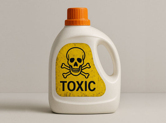 White detergent jug with a yellow skull and crossbones label reading TOXIC