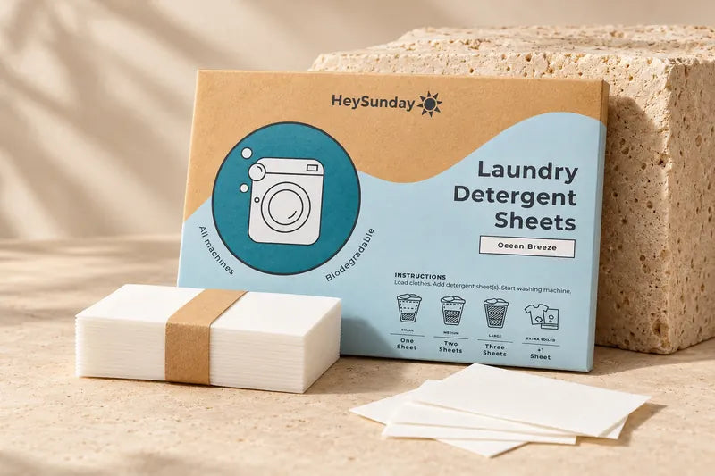 A pack of HeySunday Laundry Detergent Sheets with a banded stack of sheets on sand-coloured stone