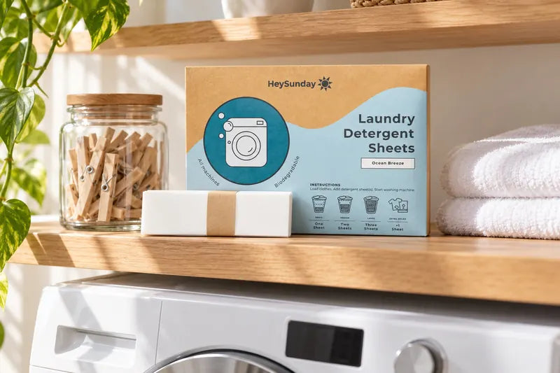 A pack of HeySunday Laundry Detergent Sheets on a laundry room shelf with folded towels