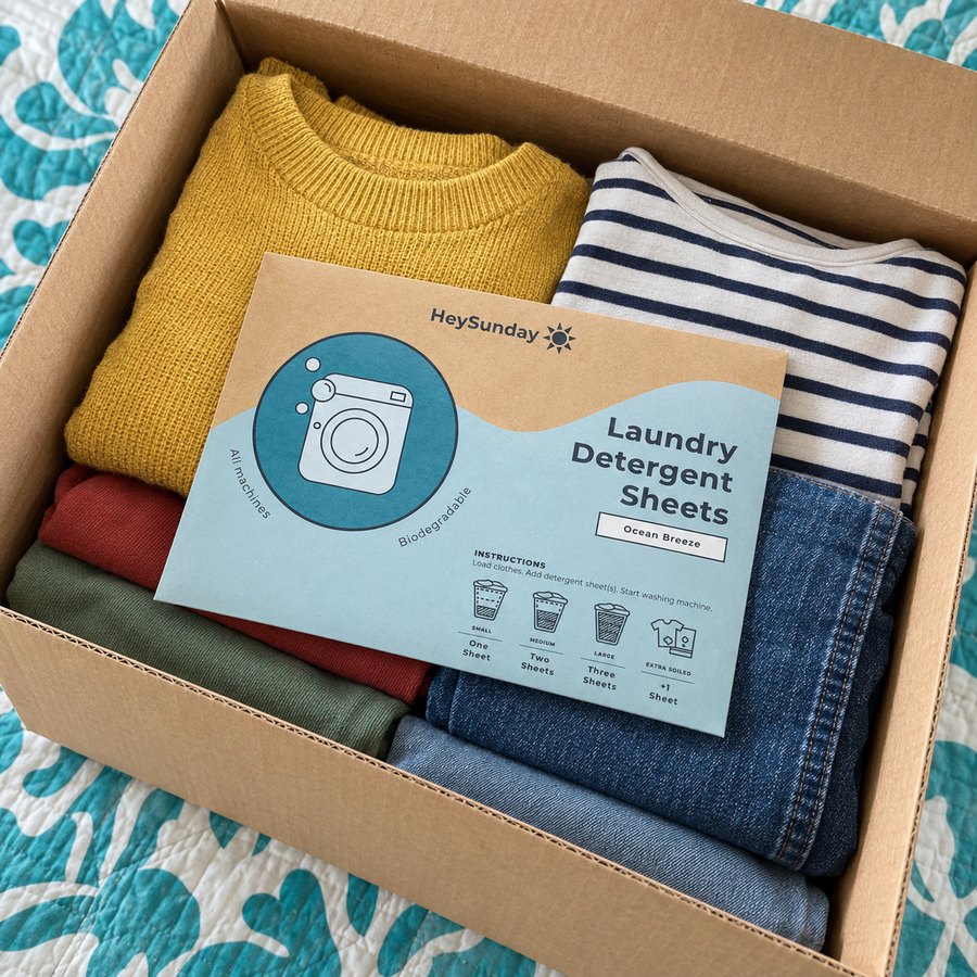 The HeySunday pack lying on folded clothes in an open moving box