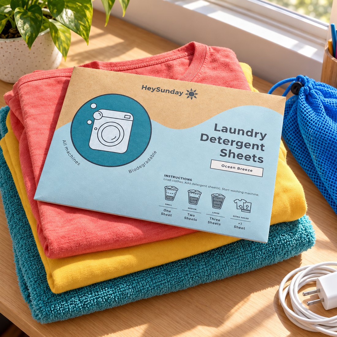 A pack of HeySunday laundry sheets on a pile of folded laundry on a dorm desk, next to a mesh laundry bag and a phone charger