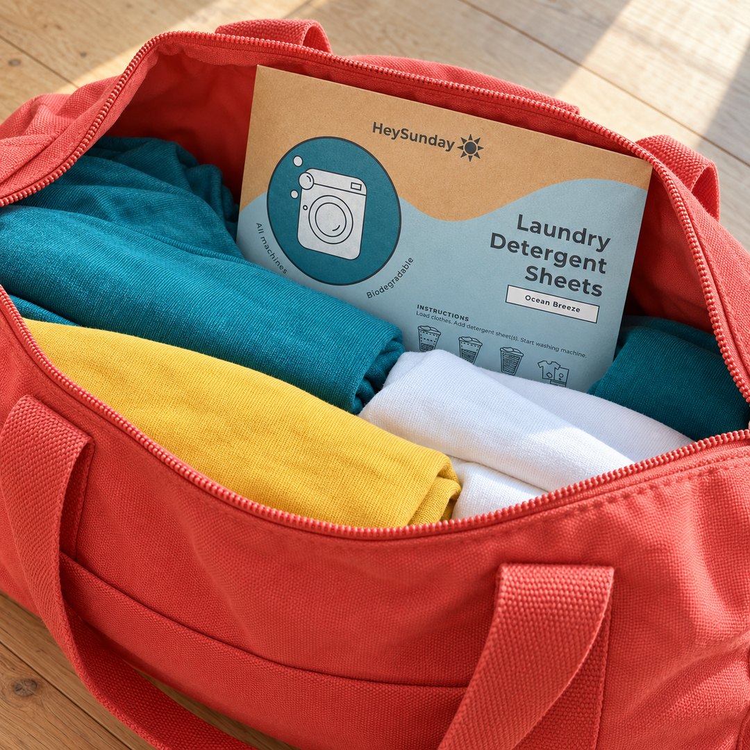 The flat HeySunday pack tucked into a packed red duffel bag