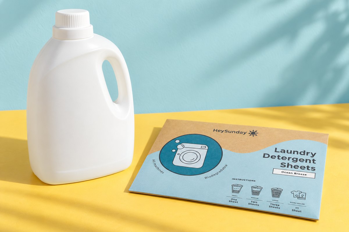 The thin HeySunday pack lying next to a plain unlabelled detergent jug
