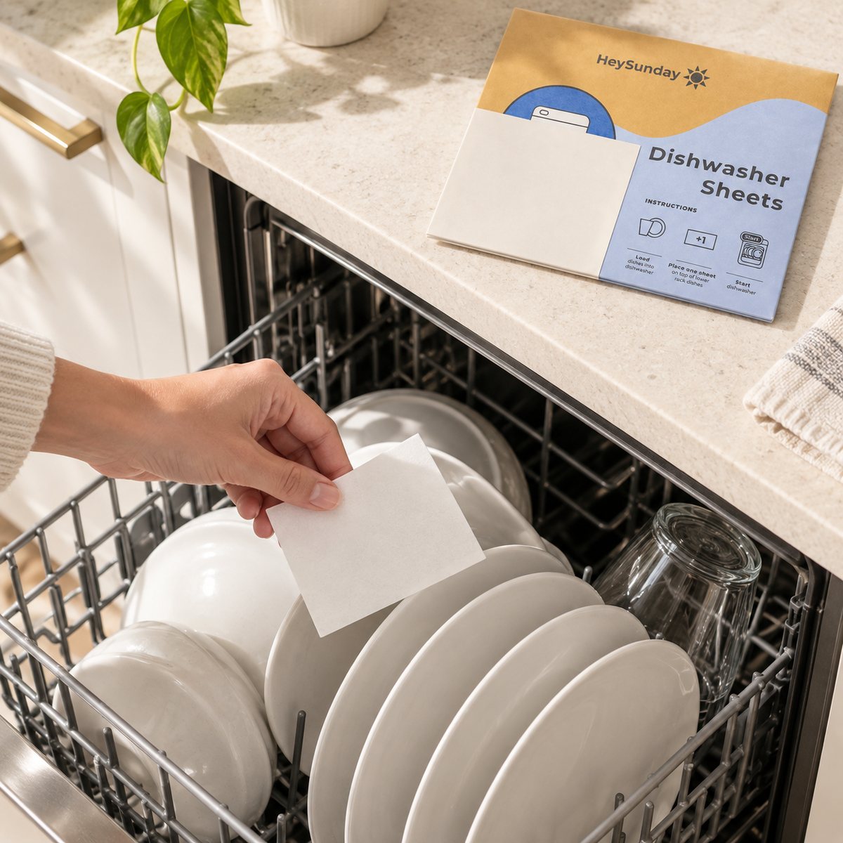 Placing a HeySunday dishwasher sheet on top of the dishes