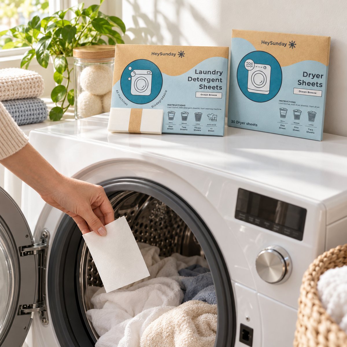 Dropping a HeySunday laundry sheet into the washer