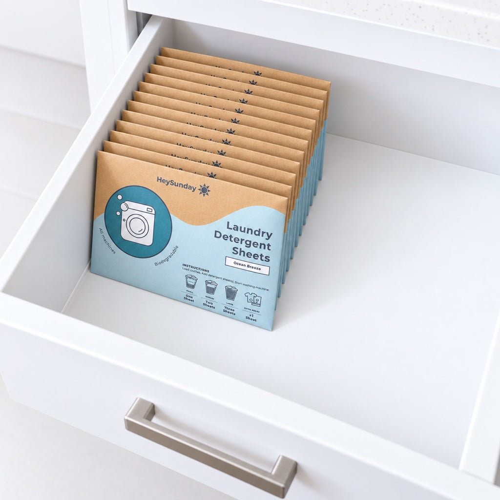 Twelve packs of HeySunday laundry sheets standing in a row in an open drawer, filling less than half of it
