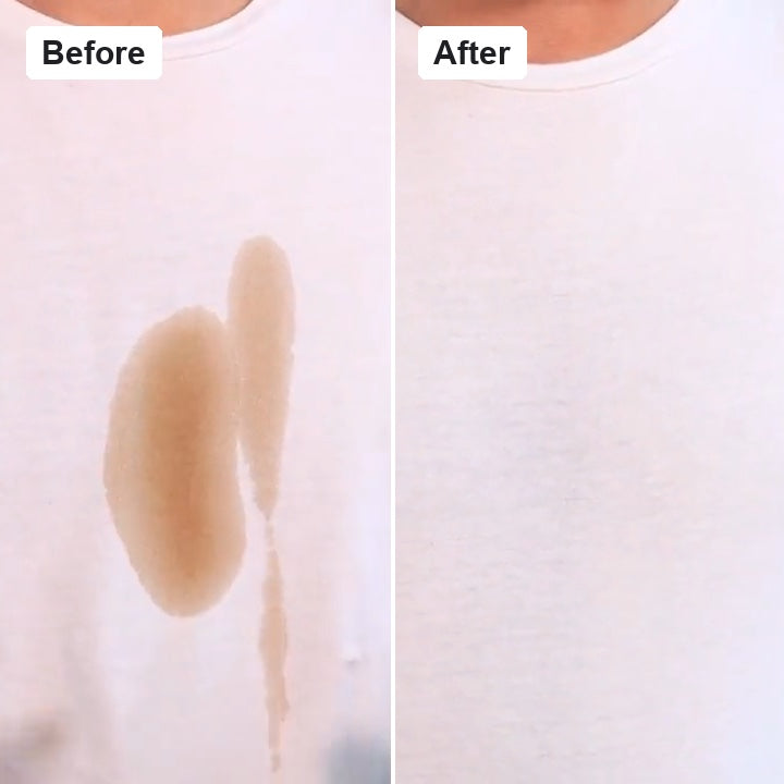A white t-shirt with a brown stain, before and after washing