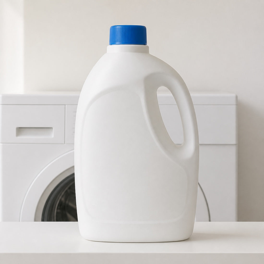A bulky plastic detergent jug on a laundry shelf