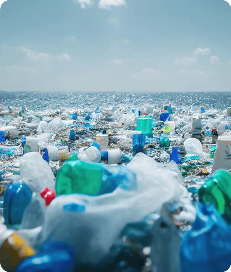 Ocean surface covered in floating plastic waste
