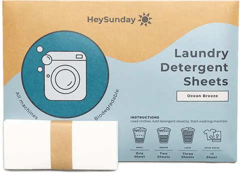A pack of HeySunday Laundry Detergent Sheets, Ocean Breeze, with a banded stack of sheets
