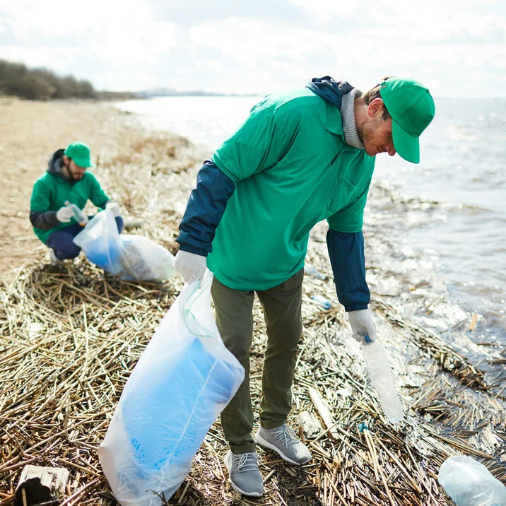 Volunteers collecting plastic bottles from a shoreline