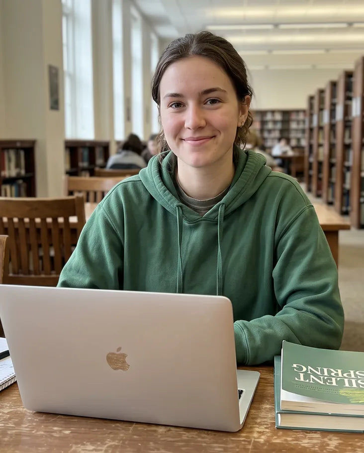 Student studying with a laptop at a library table