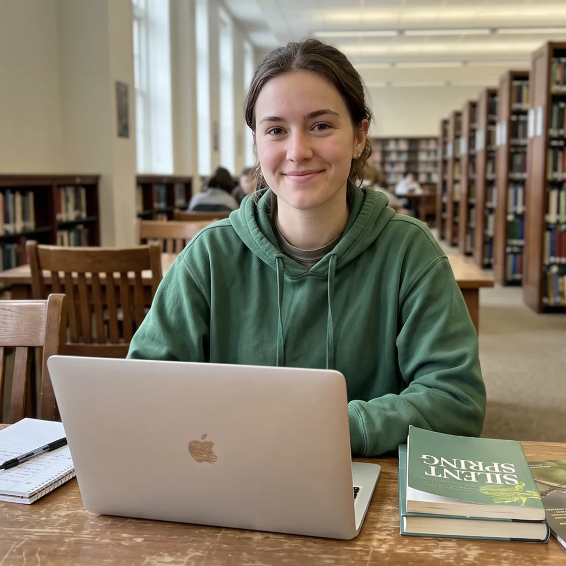 Student studying with a laptop at a library table