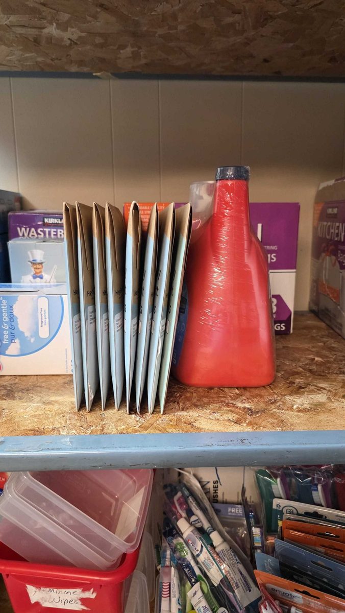 HeySunday laundry sheet packs on a shelf at Hope's Door New Beginning Center, Plano, TX