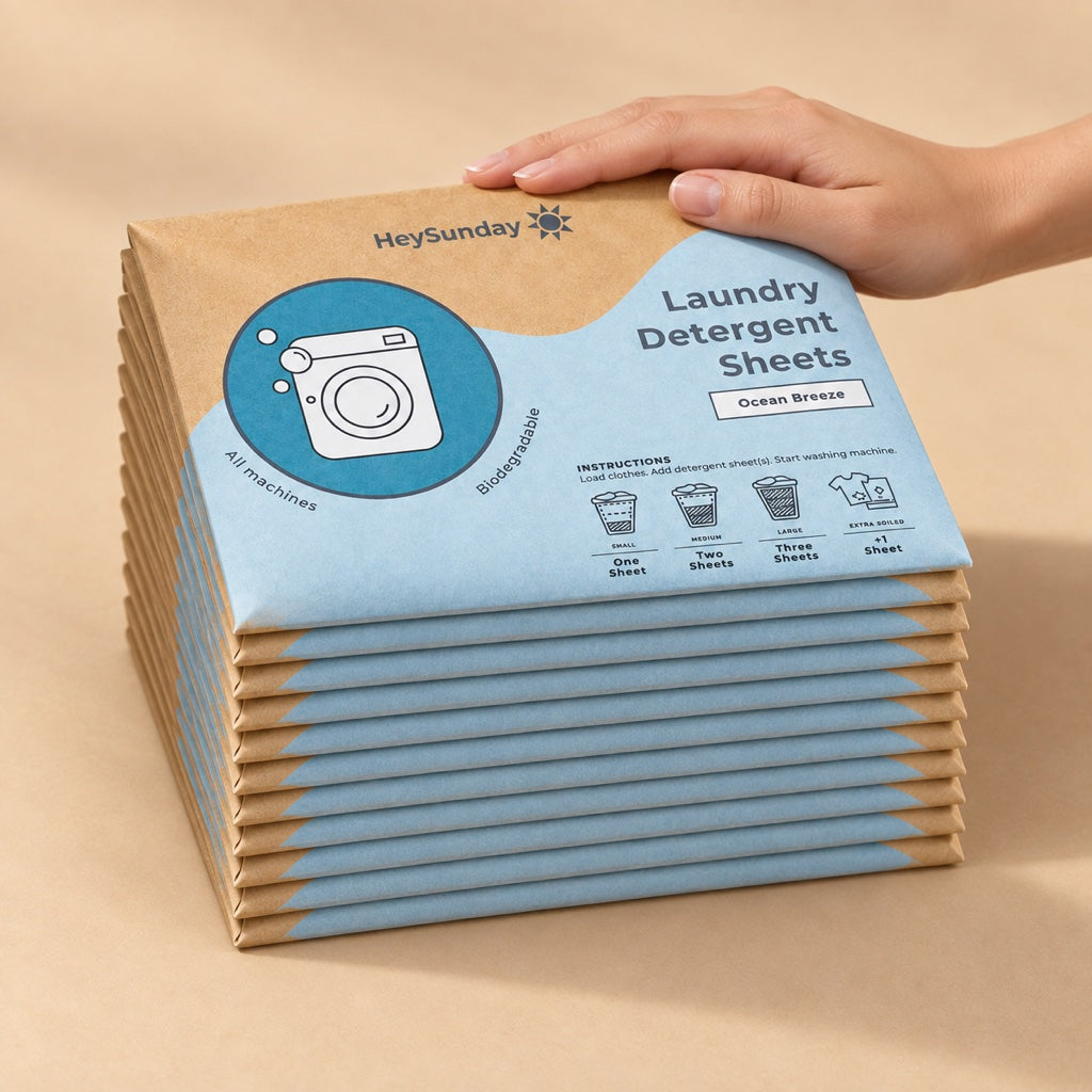 Twelve packs of HeySunday laundry detergent sheets stacked about six inches tall, a hand resting on top