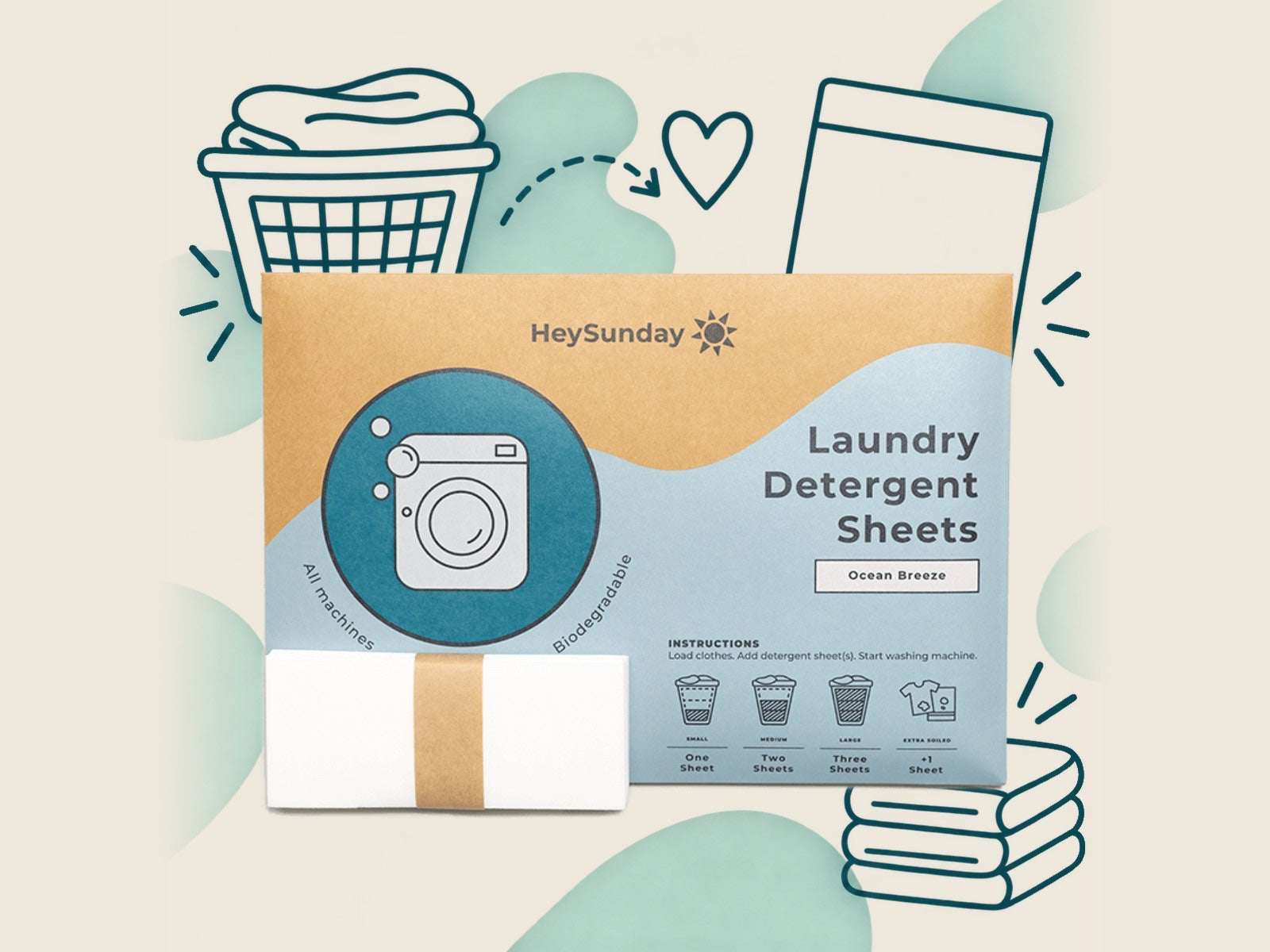 HeySunday laundry detergent sheets with a laundry basket, a heart and folded towels